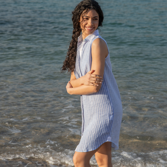 Mykonos Blue Stripes Sleeveless Linen Shirt Dress