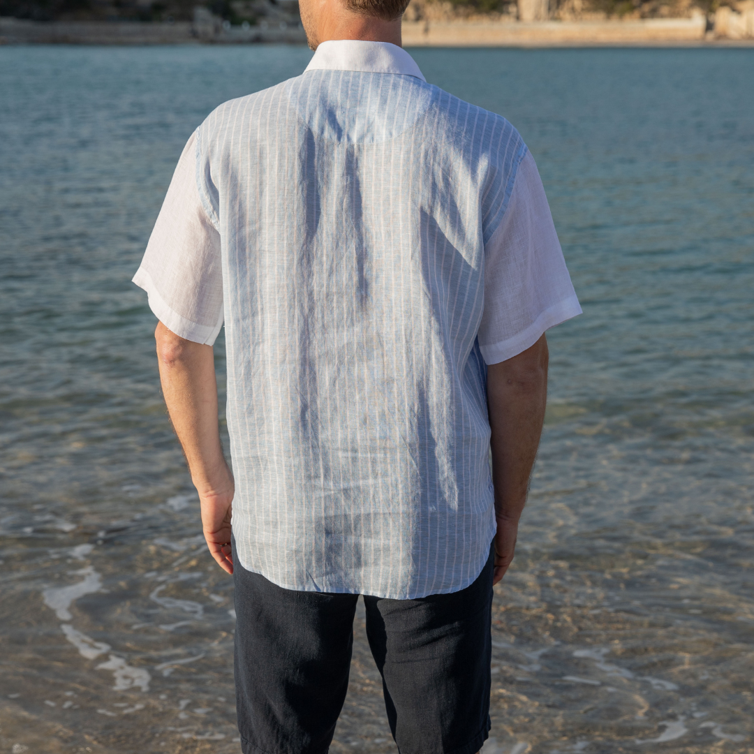 Mykonos Blue Stripes short-sleeved linen polo shirt