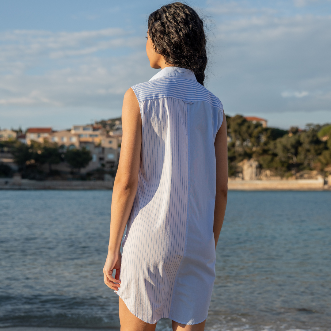 Portofino Blue Stripes Sleeveless Cotton Shirt Dress