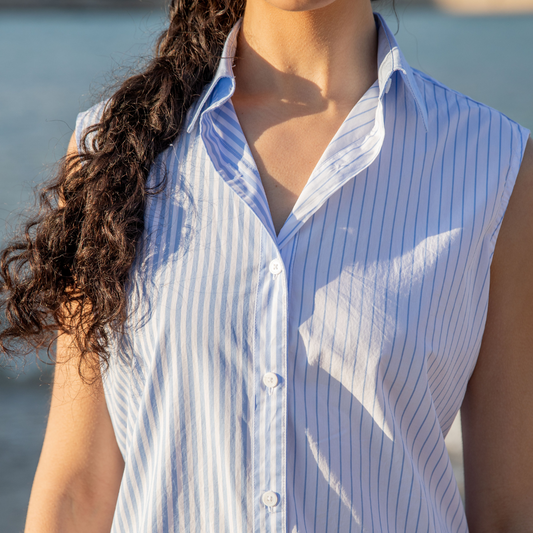 Portofino Blue Stripes Sleeveless Cotton Shirt Dress