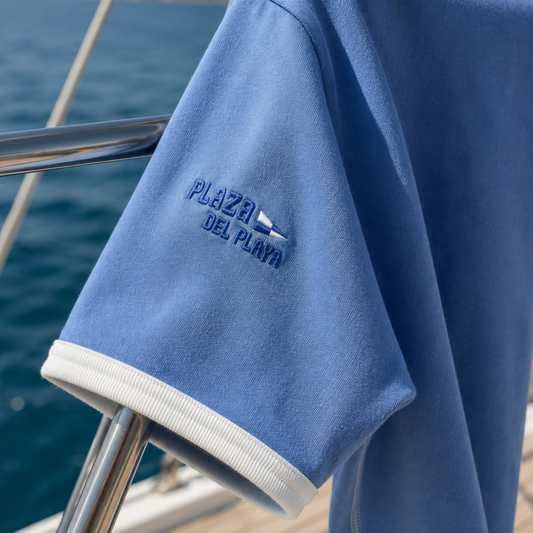 Mykonos Blue Stripes short-sleeved linen polo shirt