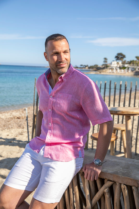 Riviera Pink short-sleeved linen shirt