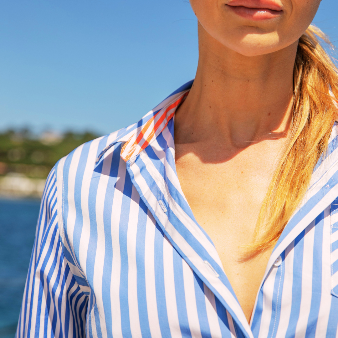 Robe chemise trapèze Antibes Blue Stripes en coton double retors