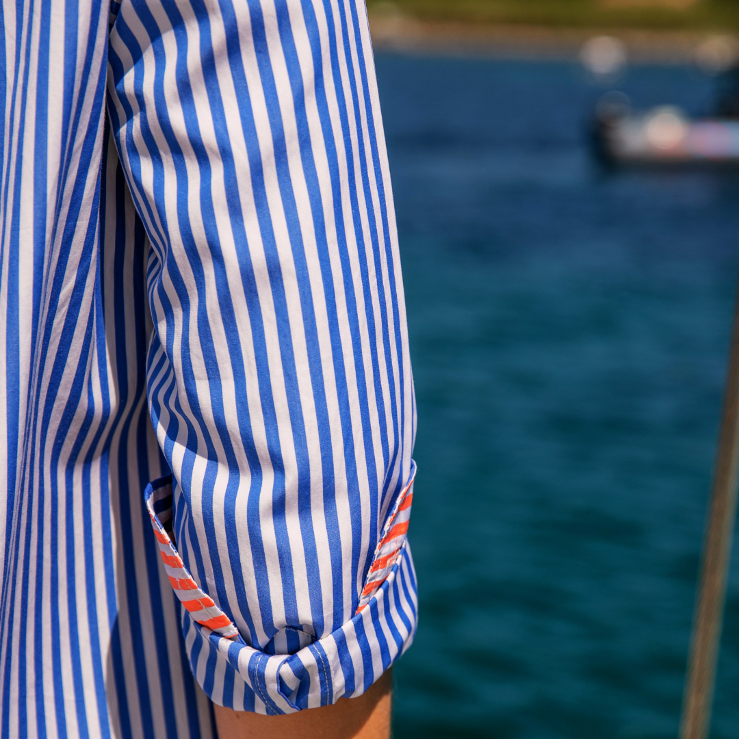 Robe chemise trapèze Antibes Blue Stripes en coton double retors