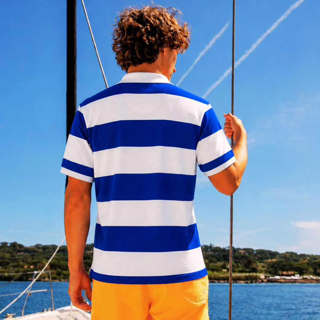 Mykonos Blue Stripes short-sleeved linen polo shirt