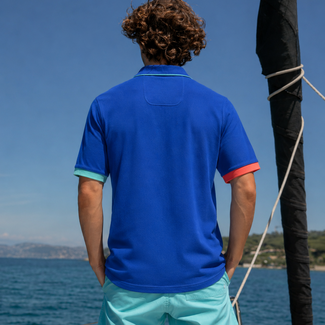 Mykonos Blue Stripes short-sleeved linen polo shirt