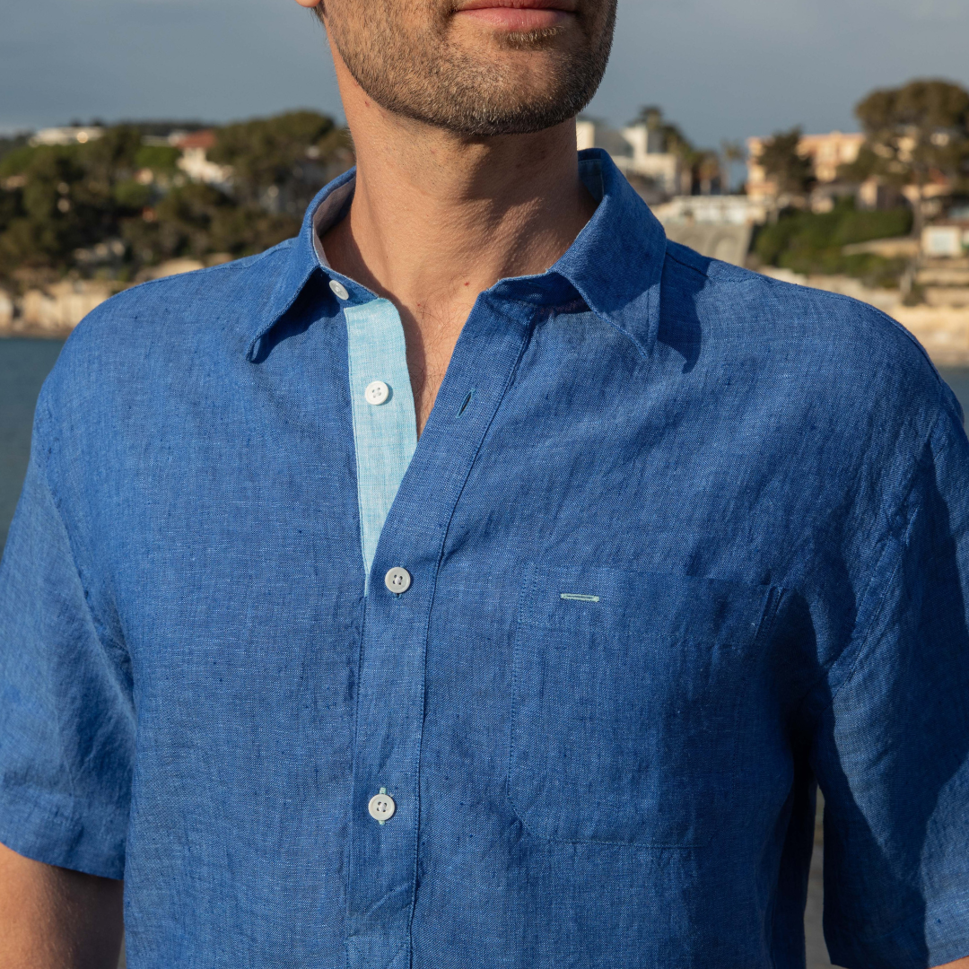 Chemise polo manches courtes Riviera Indigo en lin