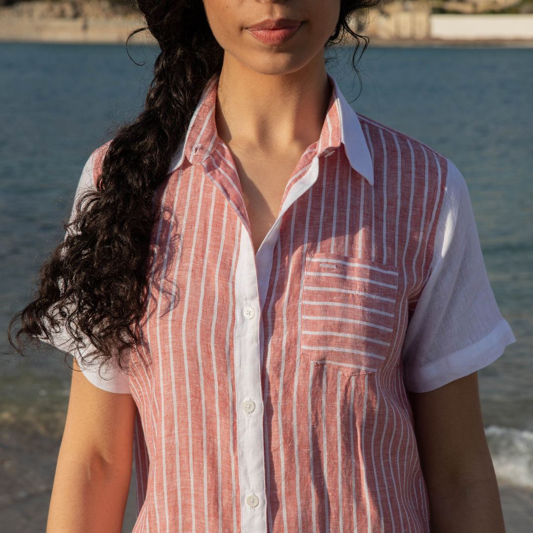 Santorini Red Stripes Linen Shirt Dress