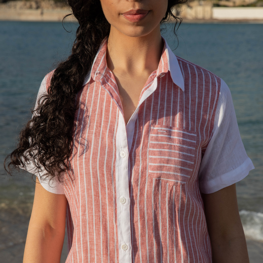 Santorini Red Stripes Linen Shirt Dress