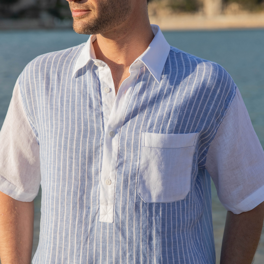 Mykonos Blue Stripes short-sleeved linen polo shirt