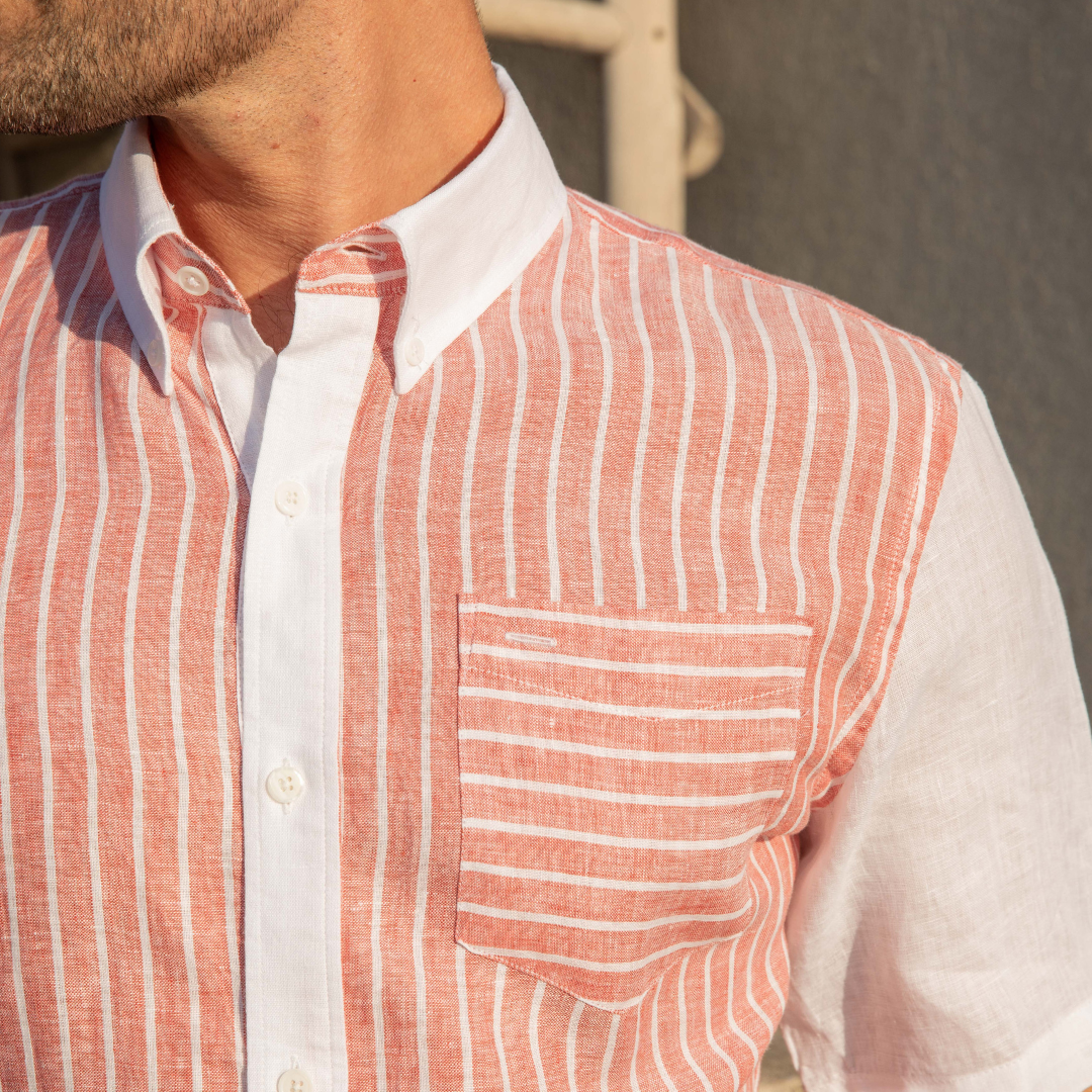 Santorin Red Stripes short-sleeved linen shirt