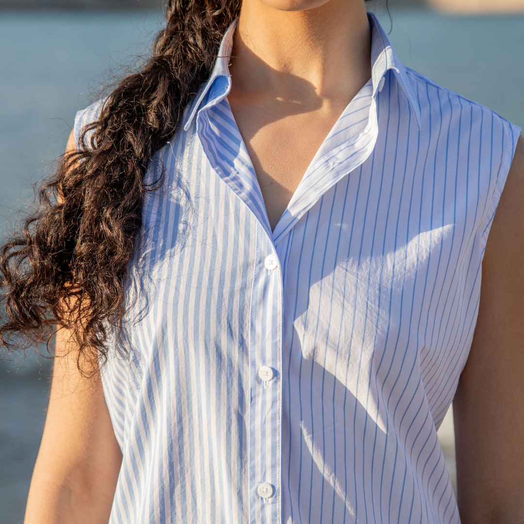 Robe chemise sans manches Portofino Blue Stripes en coton
