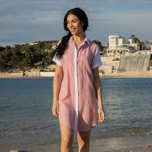 Santorini Red Stripes Linen Shirt Dress