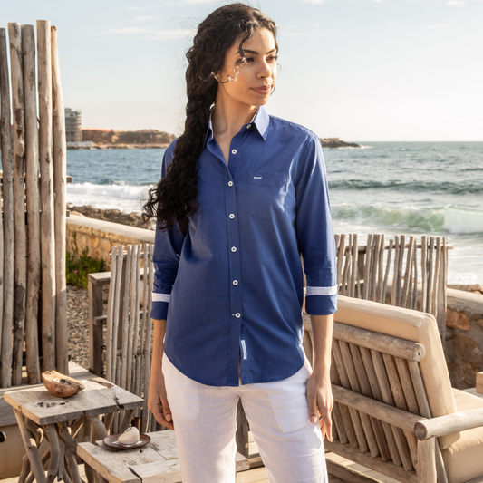 Houlgate Dark Blue blouse in thread-on-thread cotton