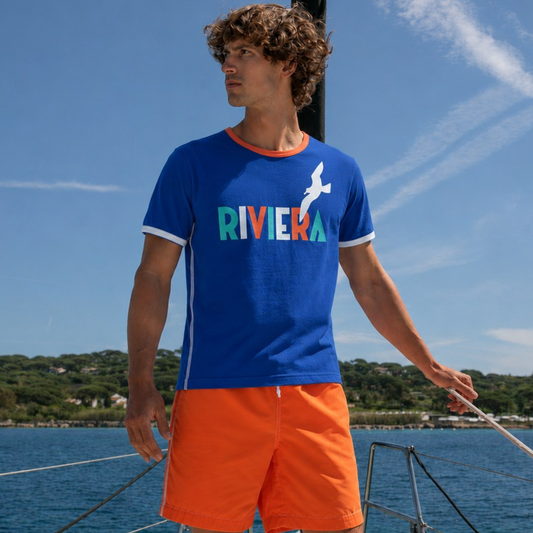 Mykonos Blue Stripes short-sleeved linen polo shirt