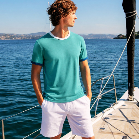 Mykonos Blue Stripes short-sleeved linen polo shirt