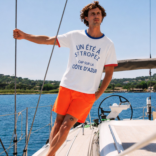 Mykonos Blue Stripes short-sleeved linen polo shirt